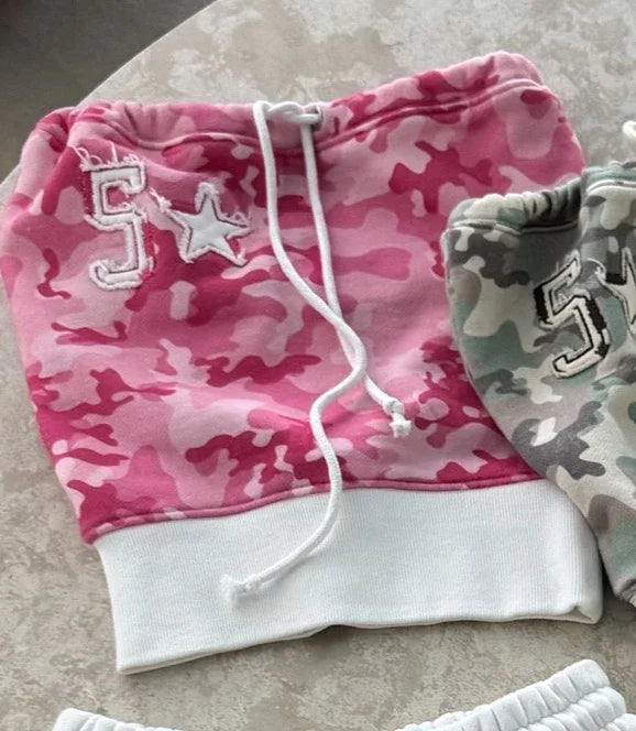 Y2k New Strapless Two Piece Set Women Fashion Summer Camouflage Digital Embroidery Strapless Top Gothic Punk Slim Sexy Shorts