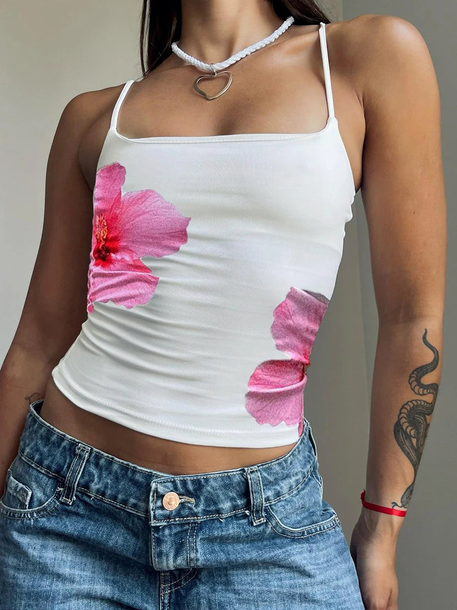 Y2K Aesthetic Women Floral Print Tanks Fairy Grunge Sleeveless Spaghetti Strap Slim Fits Camisole Mini Chic Vest Streetwear ﻿