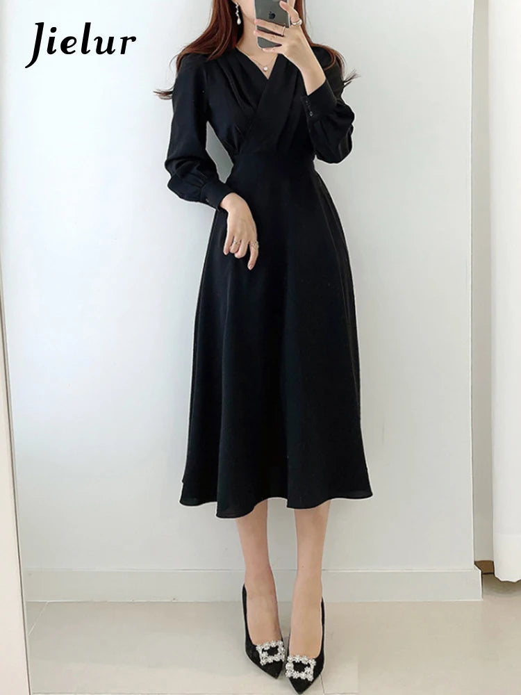 Jielur Harajuku V-neck Puff Sleeve A-line Maxi Dress Woman Solid Color Midi Robe Korean Office Dresses Elegant Spring Dress Lady