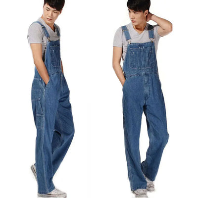 Men's Overalls Jumpsuit Large Size Strap Straight Blue Jeans With 7 Pockets