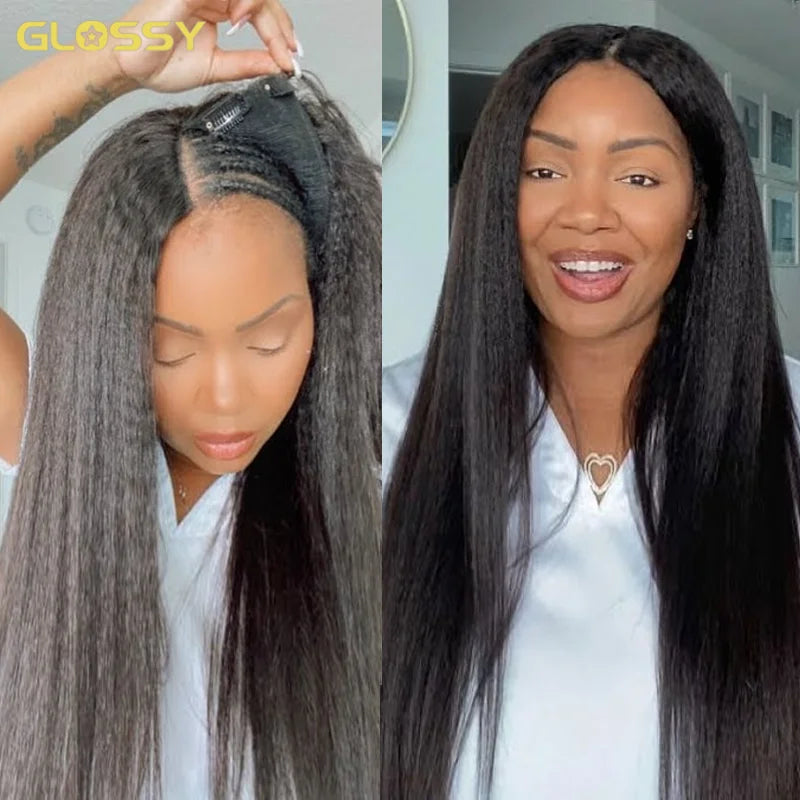 Kinky Straight 3 In 1 Half Wigs 100% Human Hair Brazilian Glueless Seamless Flip Over Yaki Straight V Part Wig Beginner Friendly