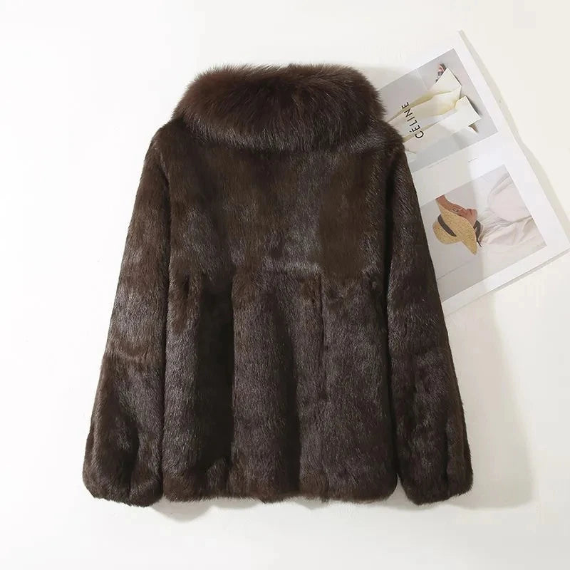Real Rabbit Fur Coat Women Autumn Winter Short Jacket Thick Warm New Fashion Fox Fur Collar Elegant Female Warm Outerwear