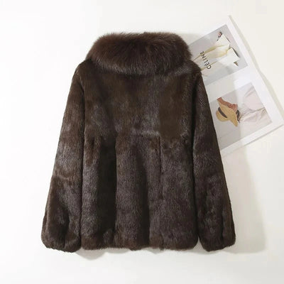 Real Rabbit Fur Coat Women Autumn Winter Short Jacket Thick Warm New Fashion Fox Fur Collar Elegant Female Warm Outerwear