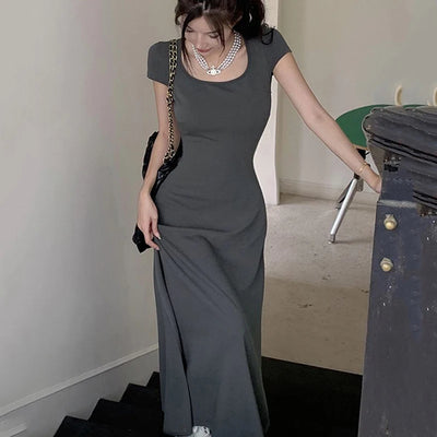 Rimocy Slim Fit Sexy Maxi Dresses for Women 2024 Summer Short Sleeve Bodycon Dress Woman Round Neck Party Club Sundress Ladies