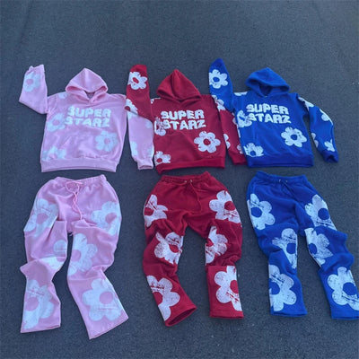 2024 American Winter Sweatshirt Y2k Gothic Slim Hoodie+drawstring Trousers Set Women Harajuku Letter Flowers Print Grunge Jacket
