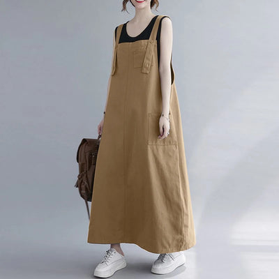 Women Sleeveless Maxi Dress Fashion Workwear Pockets Vestidos 2023 Summer Adjustable Shoulder Straps Dresses Streetwear