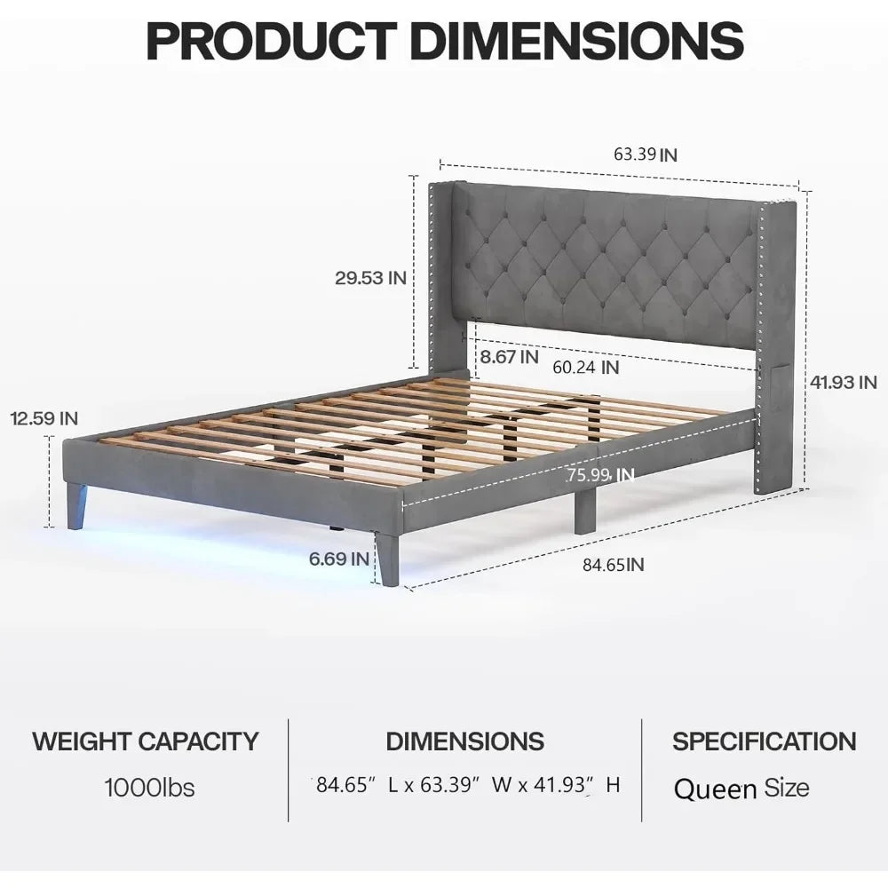 Bed Frame with Led Lights, Upholstered Velvet Platform Bed Frames with Button Tufted Wingback Headboard and Footboard