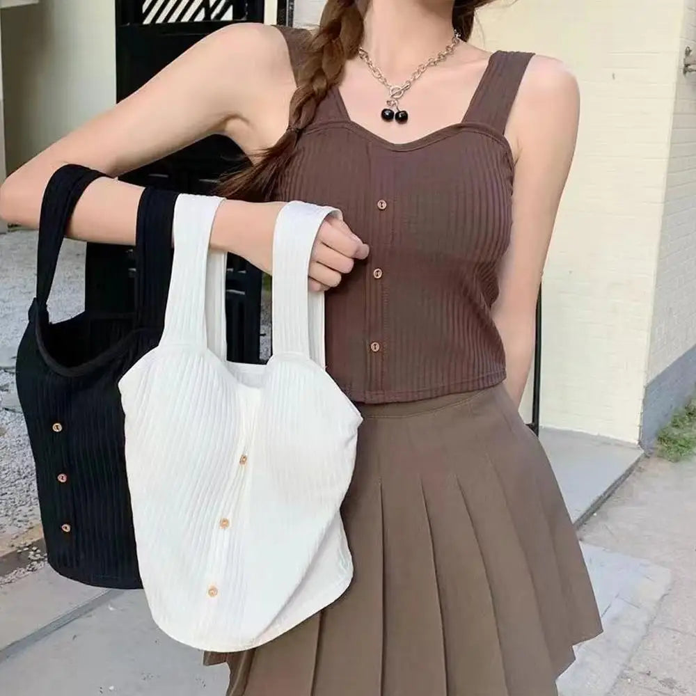 Women's Ribbed Tank Tops Y2K Cropped Tops with Bra Pads Knitted Button Down Suspenders Vest Sexy Camisole Female Short Tops