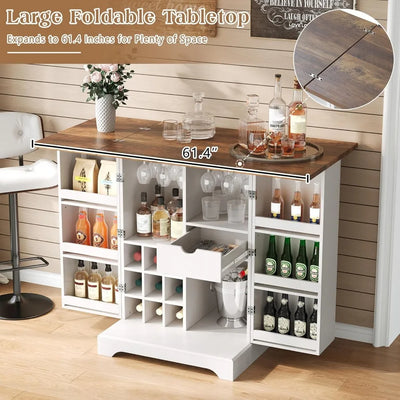 Farmhouse Expandable Wine Bar Cabinet, 61" Home Bar Unit with Foldable Tabletop & Barn Door, Coffee Bar Cabinet with Wine & Glas