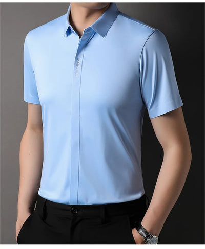 Summer New High-grade Hidden Button Men's Light Luxury Short Sleeve Shirts Men High Elastic Business Anti-wrinkle Ice Silk Shirt