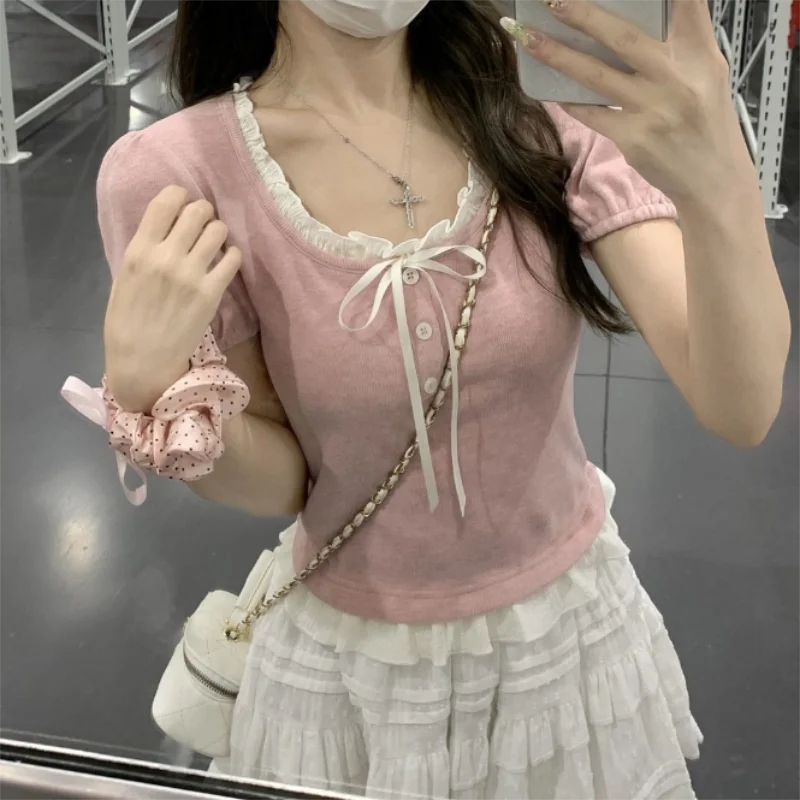 Pink Ruffle Edge Patchwork Short Sleeved T-shirt for Women Summer Cute Slim Two Pieces Girls Short Top Trendy