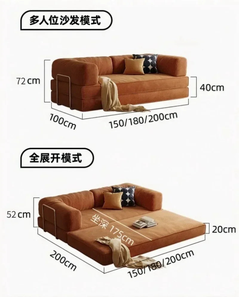 Italian Compressed Soft Sofa Convenient Minimalist Retro Corduroy Sofa Bed Foldable Washable Customizable for Living Room