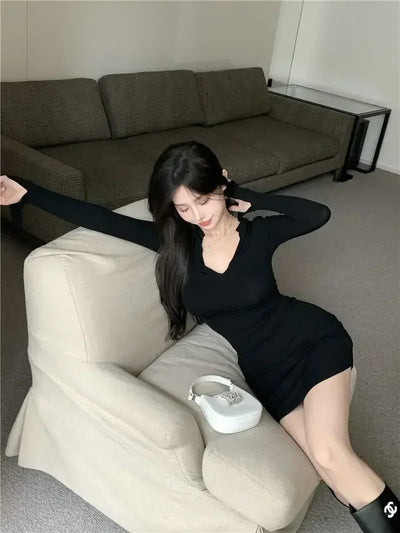 Autumn Spicy Girl Purple Long sleeved Dress Women's Pure Desire Style Underlay V-neck Temperament Waist Tight Wrapped Hip Skirt
