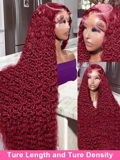 Curly 99J Burgundy 30 Inch Deep Wave 13x4 Lace Front Wig Wet And Wavy Red Colored wigs HD Lace Frontal 100% Human Hair Wigs