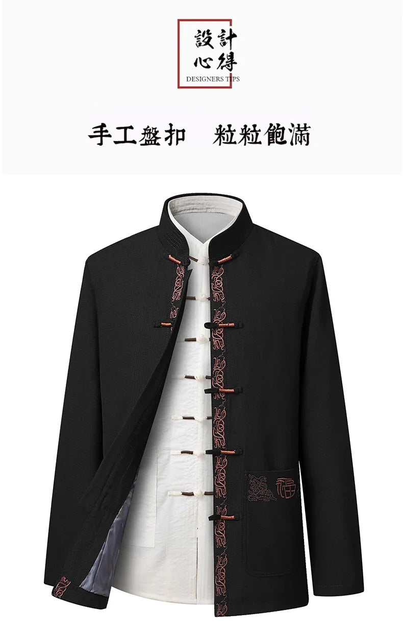 Tang Suit (top + Pants) Spring and Autumn Elderly People Door Flaperon Embroidery Father Men's Hanfu Chinese Style Suit