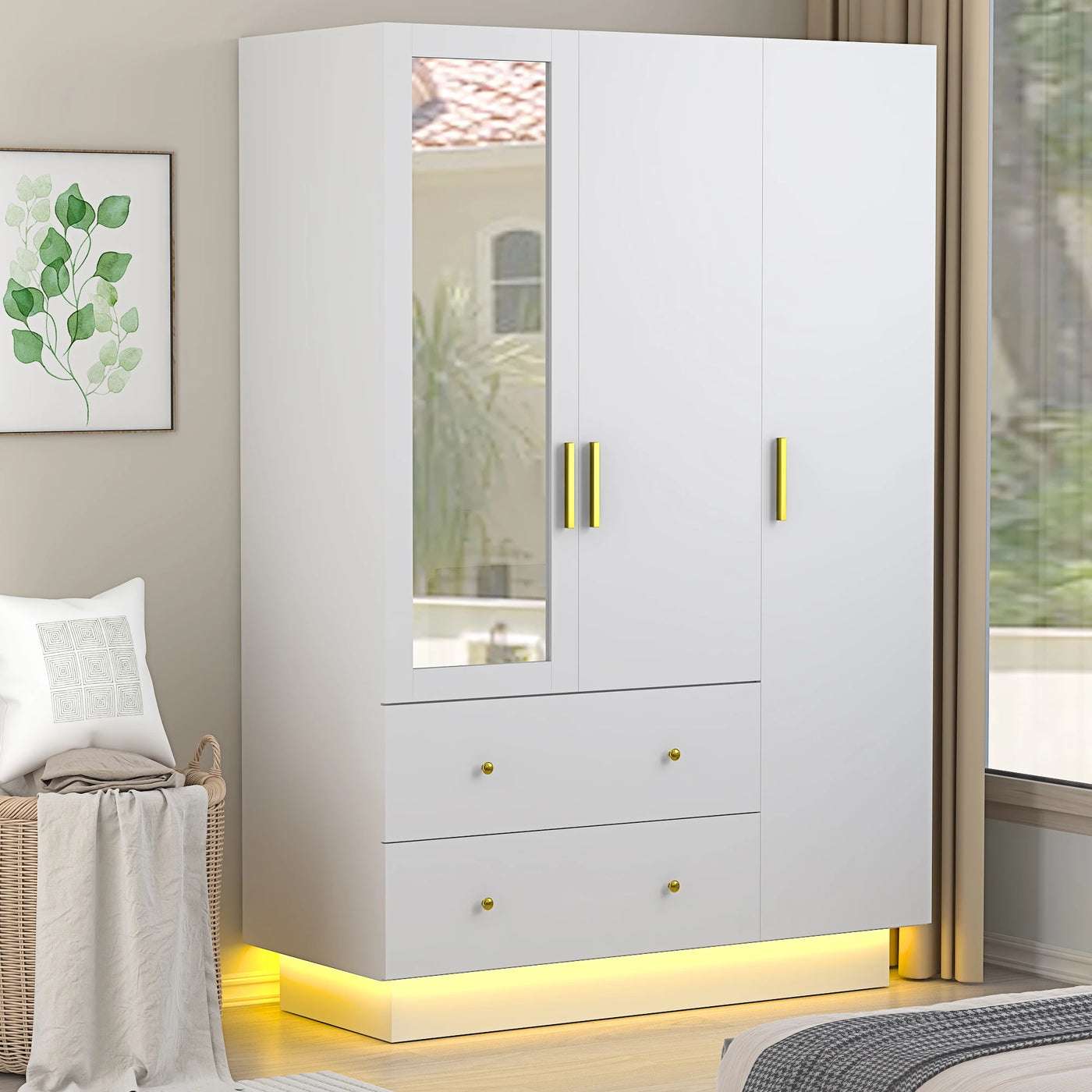 Modern Wooden Armoire Wardrobe Closet with Hanging Rod for Bedroom, 3 Door Wardrobe Closet with Mirror & LED Lights,White