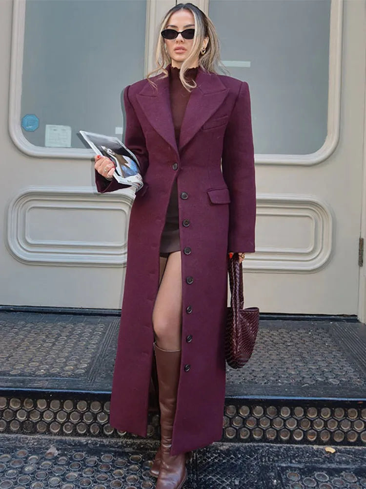 Woolen Burgundy Long Blazer Coat Women Single Breasted Notched Loose Long Sleeve Shoulder Pads Thicken Suit Jacket Female Office