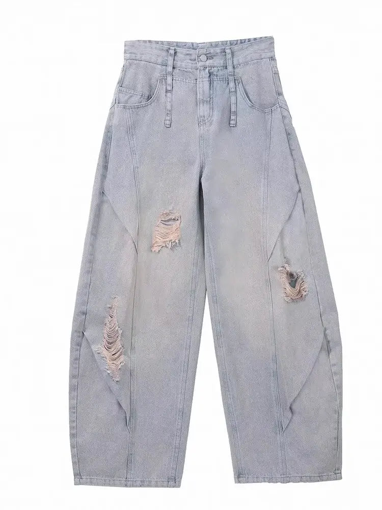 American Retro Washing Scimitar Jeans Men's High Street Vibe Ripped Design Wide-leg Trousers Handsome Casual Pants Jeans for Man