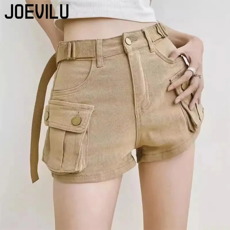 Women's Summer High Waisted Stretchy Denim Shorts Korean Cargo Style Slim Fit Ultra Short Hot Pants with Large Pockets for Dance