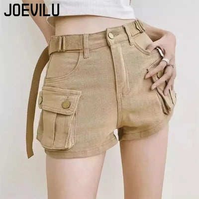 Women's Summer High Waisted Stretchy Denim Shorts Korean Cargo Style Slim Fit Ultra Short Hot Pants with Large Pockets for Dance