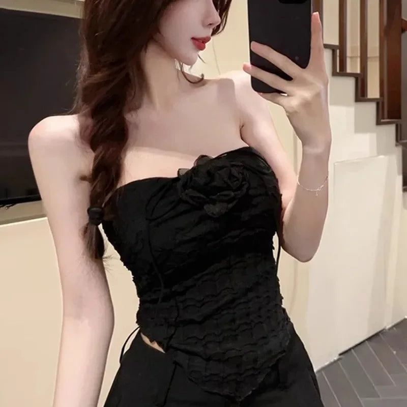 Y2K Women Fashion Sleeveless Vest Hanging Neck Irregular Lace-up Tops With Chest Female Sweet Sexy Vacation Style Top