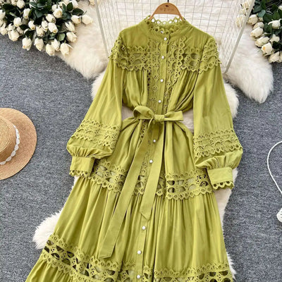 Elegant Long Maxi Hollow Out Dress Shirt Women Summer Autumn Palace Retro Pearl Button Embroidery Crochet Evening Party Vestidos