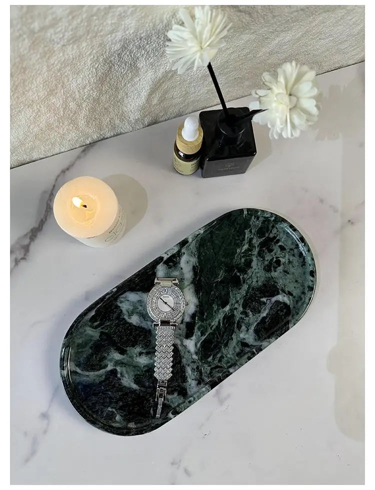 Luxury Green Marble Oval Tray: Bathroom Organizer & Fruit Serving Platter, Waterproof Stone Decor for Hotel Spa Home Kitchen
