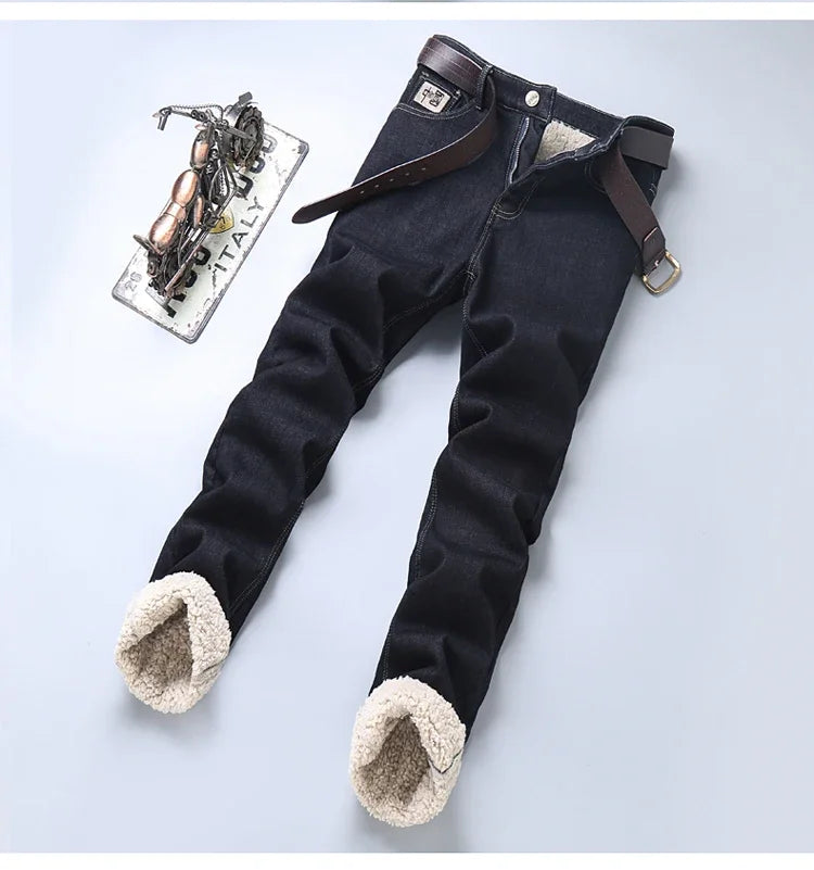 Men's Wool Velvet Jeans Winter Fleece Thickened Business Casual Straight Denim Pants Soft Cozy Thermal Stretch Trousers Male