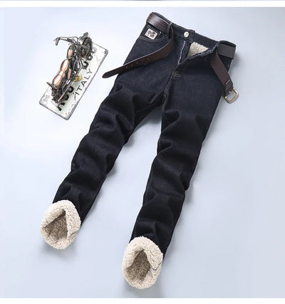 Men's Wool Velvet Jeans Winter Fleece Thickened Business Casual Straight Denim Pants Soft Cozy Thermal Stretch Trousers Male
