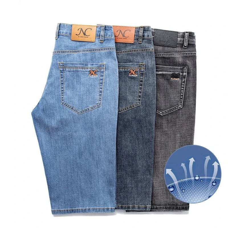 Fashion Men's Straight Denim Shorts Summer Thin Elastic Casual Bermuda Jeans Breathable Fabric Male Clothes Boardshorts