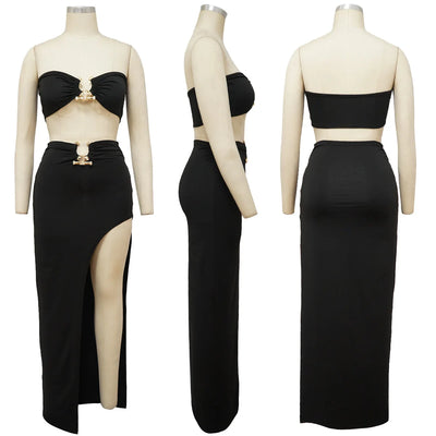 Women Two Piece Set Solid Color Breast Wrap Top and Irregular Slit Long Skirt Suit Lady Streetwear Mini Skirt Club Party Outfits