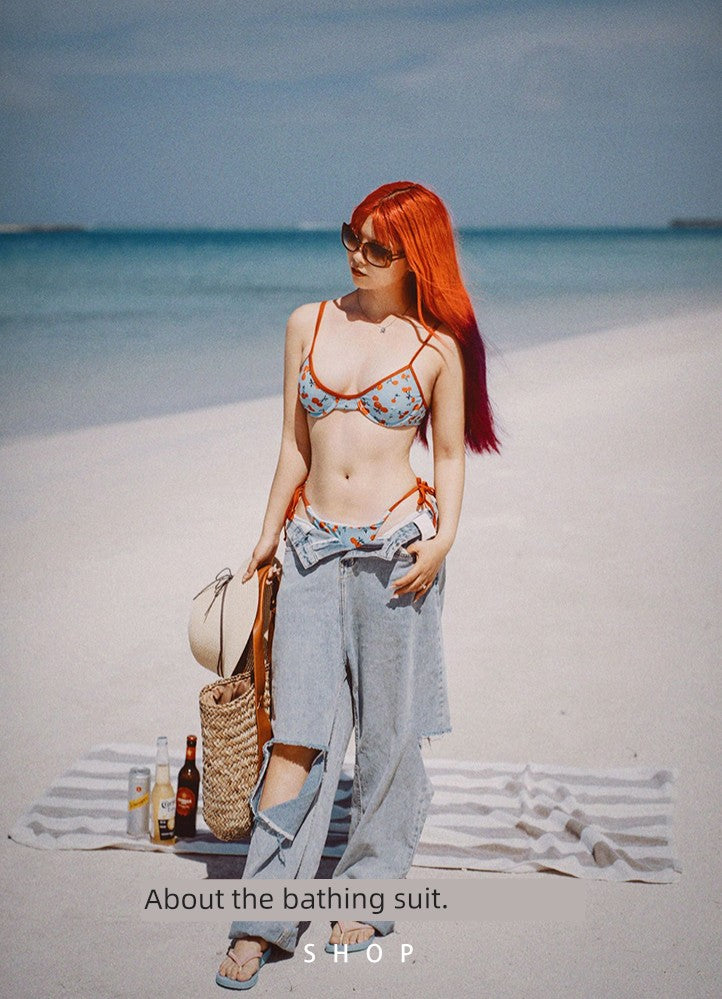 Y2g Young Adult Sweet Cool Sexy Cherry Print Tiffany Blue Bikini Sexy Little Chest Gathered Vacation Swimsuit Women