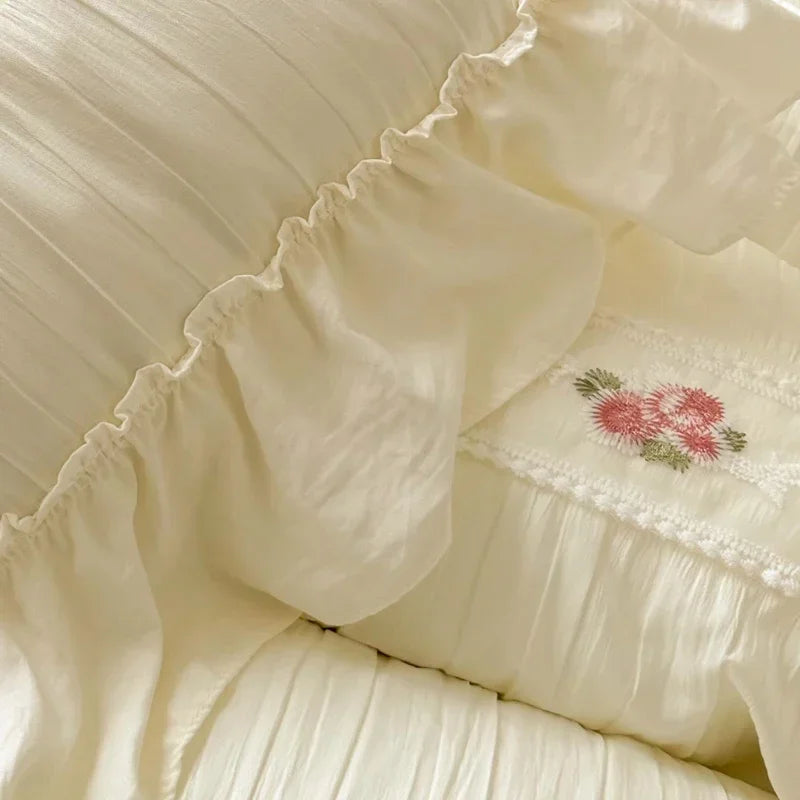 2025 Korean Princess Style Lace Ruffles Wedding Bedding Set Washed Cotton Soft Duvet Cover Set Bed Sheet Pillowcase 3/4Pcs