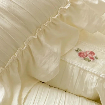 2025 Korean Princess Style Lace Ruffles Wedding Bedding Set Washed Cotton Soft Duvet Cover Set Bed Sheet Pillowcase 3/4Pcs