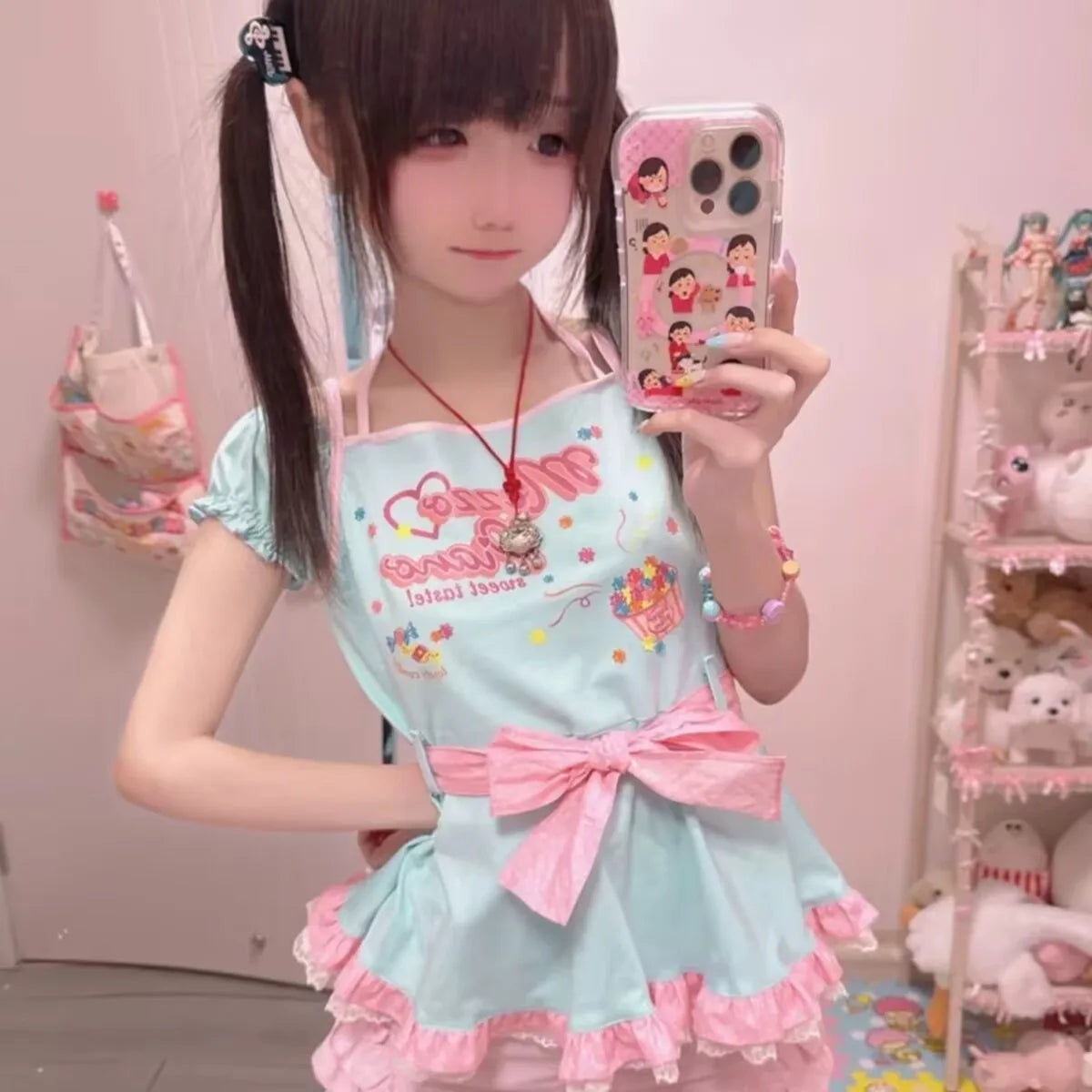 Japanese Kawaii Print Lolita T-Shirts Women Y2k Cute Tees Summer Sweet Bow Halter Neck Bandage Short Sleeve Cotton Tops