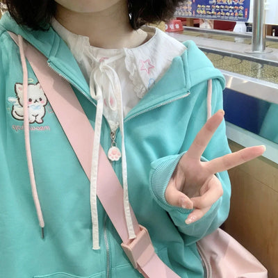 2025 Harajuku Cat Ear Kawaii Zip Up Hoodies Women Japanese Style Cute Hooded Jacket Oversized Sweet Lolita Girly Sweatshirts