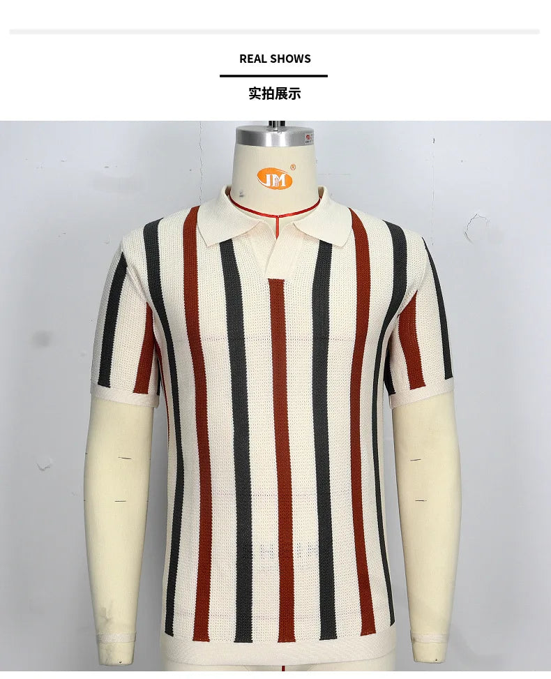 Men's Sexy See-through Knit Shirt Breathable Hollow Striped Shirt Summer New Men's Thin Coat Men's Clothing Hawaiian Shirt Tops