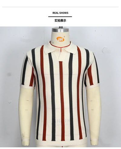 Men's Sexy See-through Knit Shirt Breathable Hollow Striped Shirt Summer New Men's Thin Coat Men's Clothing Hawaiian Shirt Tops