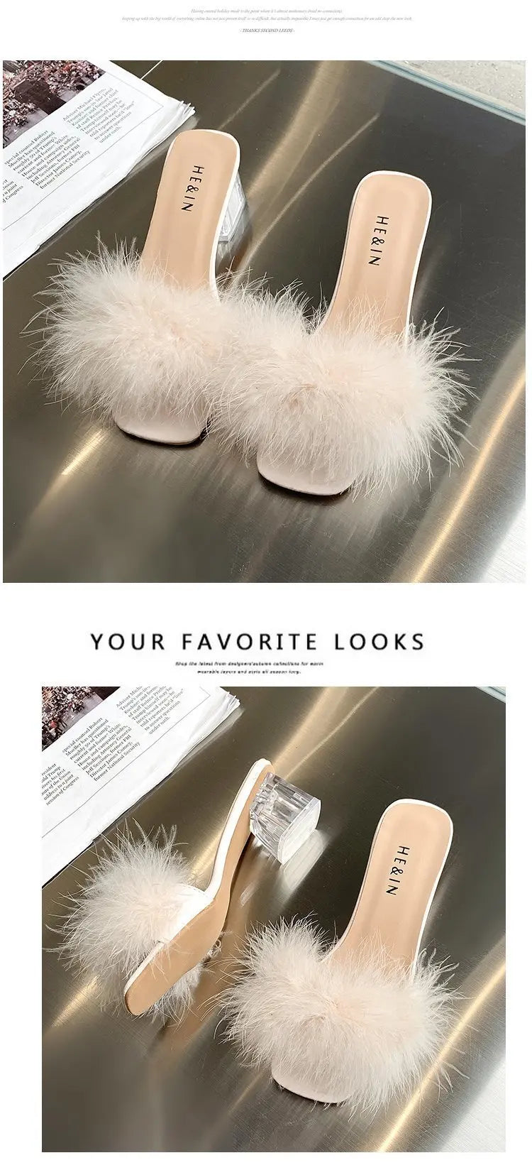 Mules Sandal Women Summer Outdoor Fashion Slippers Square Toe High Heels Office Ladies Feather Slides Chic Classics Furry Shoes