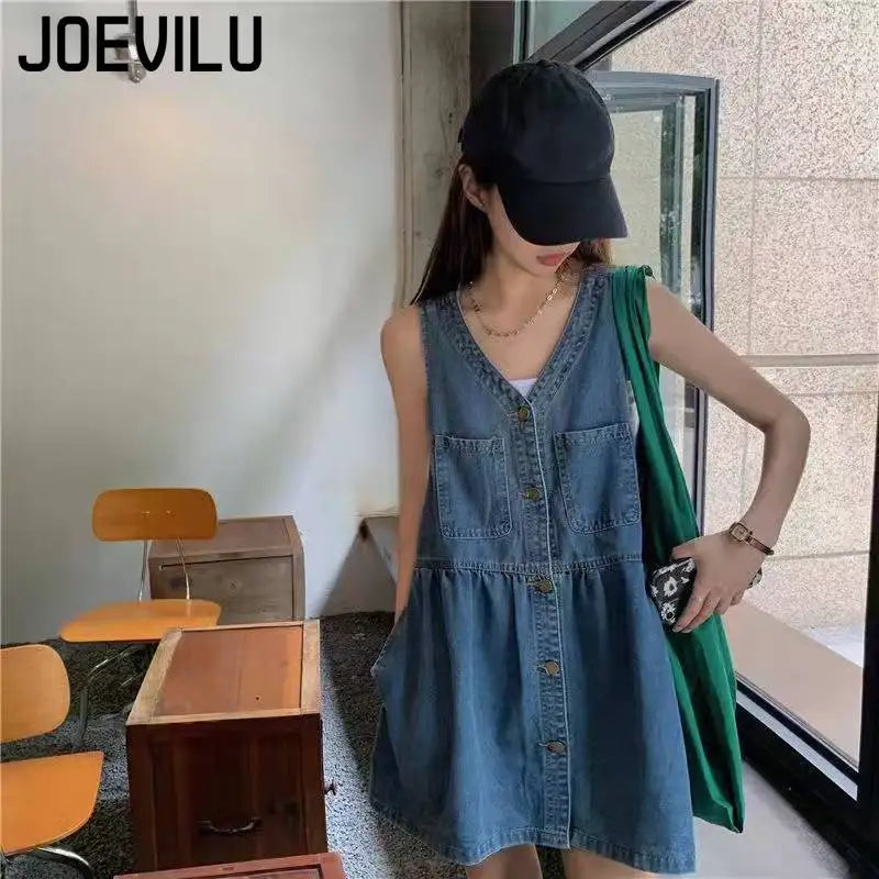 Women's sleeveless halter dress  Summer Single Breasted Pocket Denim Dress  Women's Korean loose A-line mini dresses