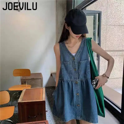 Women's sleeveless halter dress  Summer Single Breasted Pocket Denim Dress  Women's Korean loose A-line mini dresses