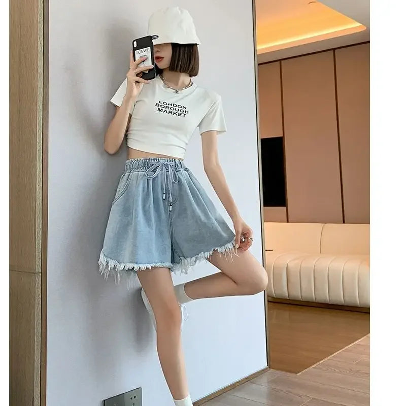 Korean Simplicity High Waist Wide Leg Denim Shorts Fashion Women's Clothing Summer Female All-match Loose Drawstring Shorts