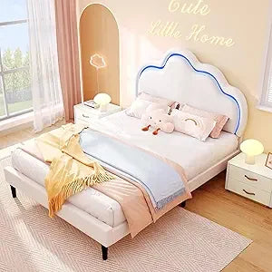 YITAHOME Full Size Bed Frame, LED Bed Frame with PU Faux Leather Adjustable Cloud Headboard, Platform Upholstered Bed with Woode