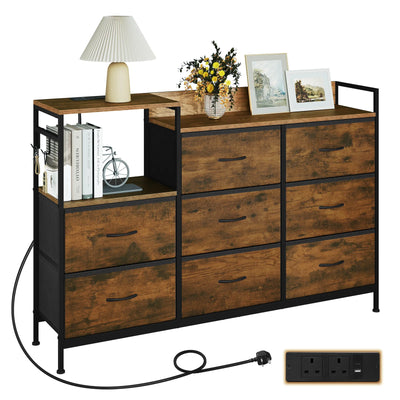 Chest of Drawers with 8 Fabric Drawer Sideboard Storage Cabinet for Kitchen Office with Charging Sockets Steel Frame 132x88x30cm