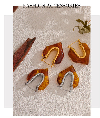 Yhpup Fashion Amber Resin Geometry Hoop Earrings Trendy Stainless Steel 18K PVD Plated Jewelry Accessories Gift