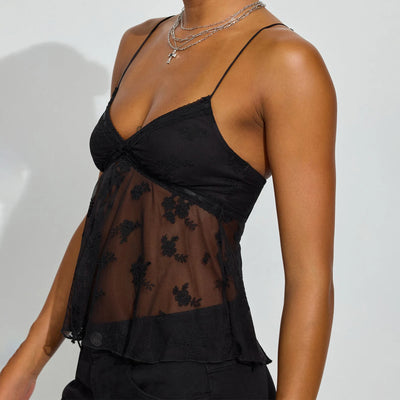 Women's Sleeveless V Neck Floral Embroidery Mesh Camisole Lace Trim Tank Tops Summer Cami Tops