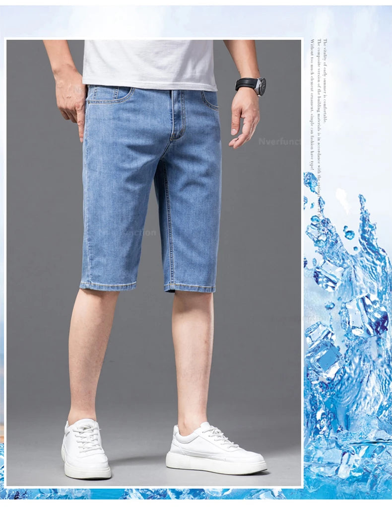 Fashion Men's Straight Denim Shorts Summer Thin Elastic Casual Bermuda Jeans Breathable Fabric Male Clothes Boardshorts