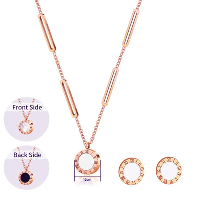 3pcs Trendy Stainless Steel Roman Digital Wafer Earrings Necklace Set for Women Black White Shells Party Jewelry