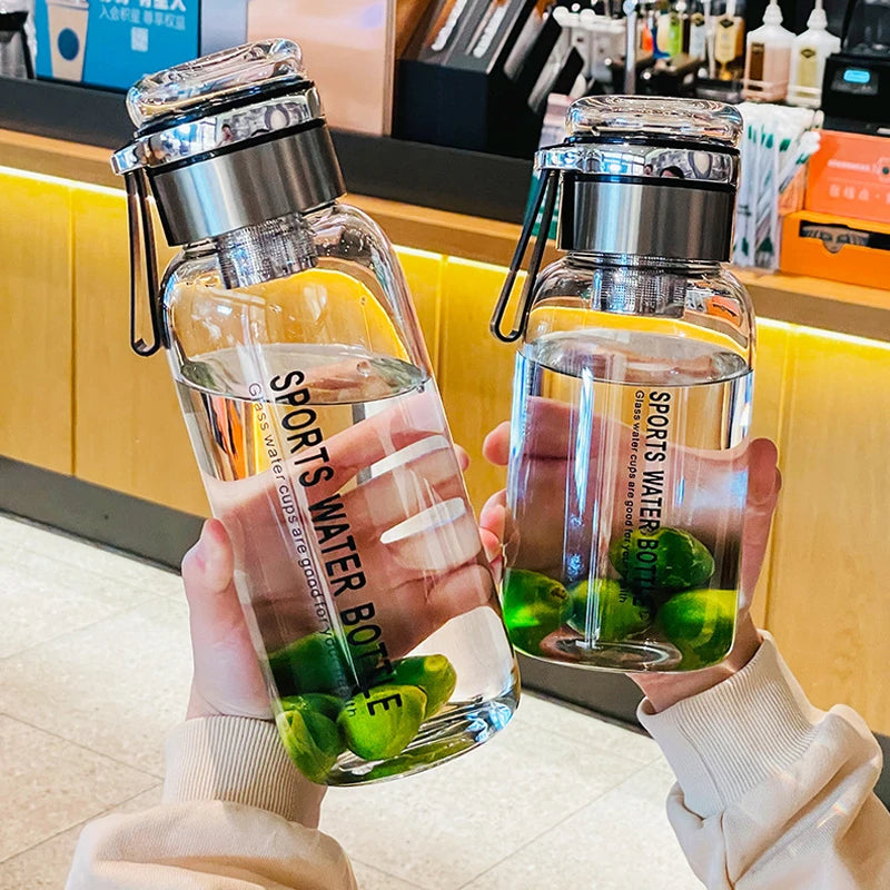 Sports Glass Water Bottle 2L Capacity Free Cup Cover (with Shoulder Strap)  Portable Leak-proof Drinking Stainless Steel Lid
