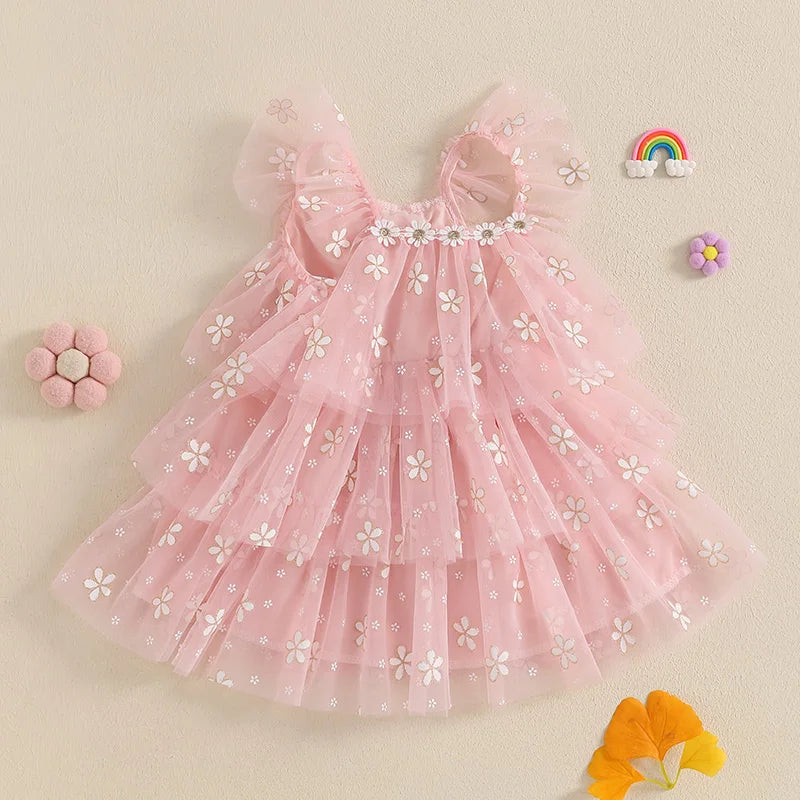 MISOWMNJOY Summer Chiffon Baby Girls Tulle Dresses Princess Daisy Print Flying Sleeve Kids A-Line Tiered Ruffle Layered Sundress